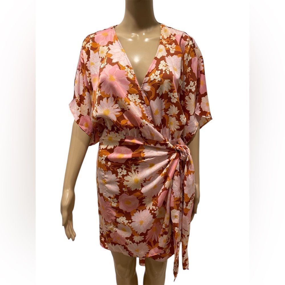 Lush Floral Wrap Dress in Pink and Brown Size S